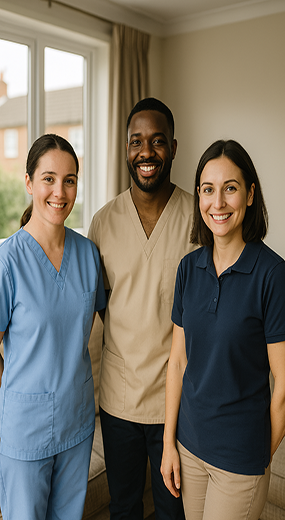 caregivers smiling in bright living room