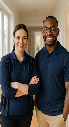 home care professionals in bright hallway
